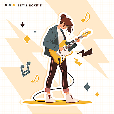 전신 여자 스티커 음표 일러스트 한명 사람 성인 반짝임 공연 밴드 일렉기타 번개 격자 기타리스트 락 락페스티벌 음악축제 성인여자한명만 국내일러스트 AI파일 1 기호 음악 무늬 모션 날씨 이벤트 축제 연주자 기타 로큰롤 여자한명만 성인여자만 파일형식 벡터