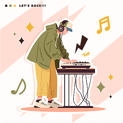 전신 모자 남자 스티커 음표 일러스트 탁자 한명 사람 성인 반짝임 헤드셋 공연 전선 밴드 번개 DJ 격자 락 디제잉 락페스티벌 음악축제 성인남자한명만 국내일러스트 AI파일 1 기호 잡화 음악 음향기기 가구 무늬 모션 날씨 이벤트 축제 헤드폰 로큰롤 남자한명만 성인남자만 파일형식 벡터