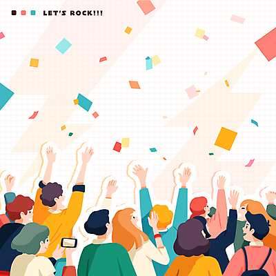 여자 남자 스티커 가방 일러스트 응원 미소 여러명 상반신 성인 스마트폰 사진촬영 외침 공연 만세 밴드 군중 격자 꽃가루 락 락페스티벌 음악축제 성인만 영상촬영 국내일러스트 AI파일 잡화 음악 다수 무늬 모션 표정 사람 이벤트 핸드폰 스마트기기 촬영 축제 소리 가루 로큰롤 파일형식 벡터