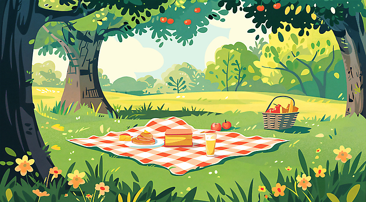 PSD 나무 접시 공원 꽃 일러스트 동화 풍경 사람없음 초록색 소풍 바구니 주스 사과 숲 돗자리 도시락 감성 국내일러스트 식물 식기 공공시설 음료 음식 컬러 컨셉 과일 야외활동 파일형식