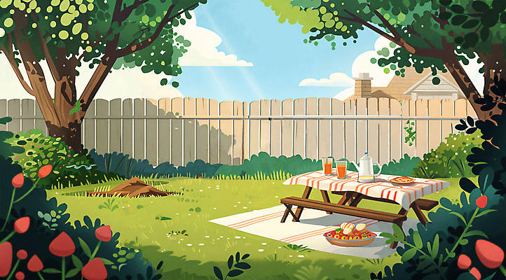 PSD 나무 그릇 접시 꽃 음료 벤치 과일 일러스트 주전자 동화 티타임 주택 풍경 사람없음 컵 초록색 울타리 소풍 정원 식탁보 숲 돗자리 감성 나무울타리 뒷마당 국내일러스트 식물 식기 컬러 컨셉 의자 주방용품 휴식 건물 담장 야외활동 파일형식