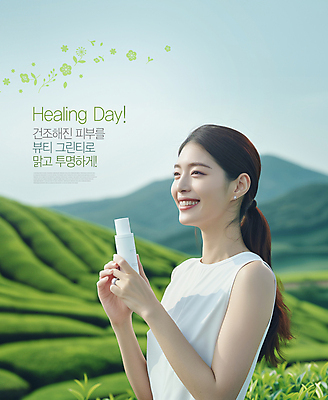 PSD 편집이미지 여자 자연 한명 미소 들기 상반신 성인 뷰티 맑음 화장품 투명 피부 녹차밭 의료성형뷰티 성인여자한명만 이미지편집 1 밭 모션 날씨 표정 사람 신체부위 녹차 생태계 여자한명만 성인여자만 파일형식