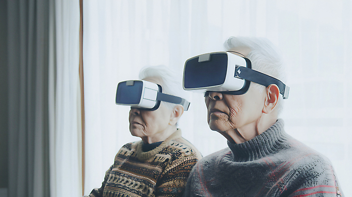JPG 편집이미지 여자 할아버지 노년 남자 할머니 상반신 두명 노부부 커튼 가상현실 노인만 VR기기 편집실사 AI인물포토 AI콘텐츠 부부 사람 성인 기계 CG 성인만 파일형식 AI포토