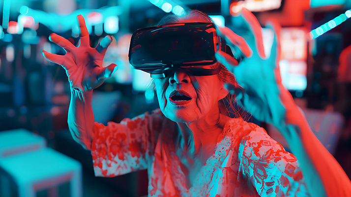 JPG 편집이미지 여자 노년 할머니 한명 손짓 상반신 손들기 놀람 가상현실 노인여자한명만 VR기기 편집실사 AI인물포토 AI콘텐츠 1 감정 모션 표정 사람 성인 기계 CG 여자한명만 노인여자만 파일형식 AI포토