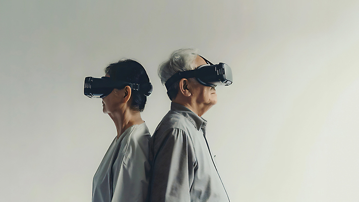 JPG 편집이미지 여자 할아버지 노년 남자 할머니 상반신 두명 노부부 등맞대기 가상현실 노인만 VR기기 편집실사 AI인물포토 AI콘텐츠 부부 모션 사람 성인 기계 CG 성인만 파일형식 AI포토