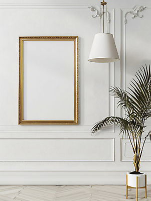 JPG 편집이미지 화분 액자 잎 전등 프레임 실내 사람없음 인테리어 황금 합성 카피스페이스 편집소스 편집실사 AI포토 AI콘텐츠 식물 디자인 조명 내부 공백 CG 파일형식