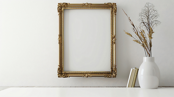 JPG 편집이미지 액자 프레임 실내 갈대 사람없음 책 인테리어 꽃병 황금 합성 카피스페이스 편집소스 편집실사 AI포토 AI콘텐츠 식물 디자인 꽃 내부 공백 CG 파일형식