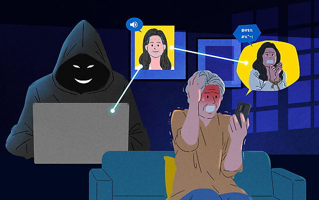 PSD 여자 노년 남자 일러스트 앉기 여러명 상반신 성인 노트북 소파 어둠 속임수 범죄 무서움 사회이슈 눈물 보이스피싱 성인만 딥페이크기술 딥보이스 국내일러스트 딥페이크범죄 감정 다수 컨셉 의자 모션 기술 사람 전자제품 피싱 파일형식