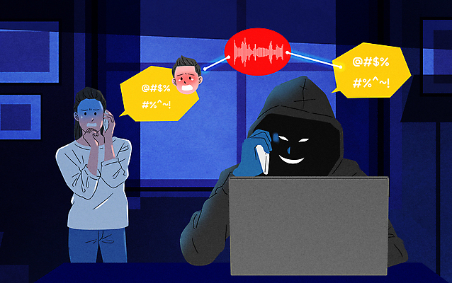 PSD 여자 남자 일러스트 상반신 성인 두명 노트북 스마트폰 어둠 속임수 범죄 무서움 사회이슈 통화 보이스피싱 성인만 딥보이스 국내일러스트 감정 컨셉 모션 기술 사람 전자제품 핸드폰 스마트기기 피싱 파일형식