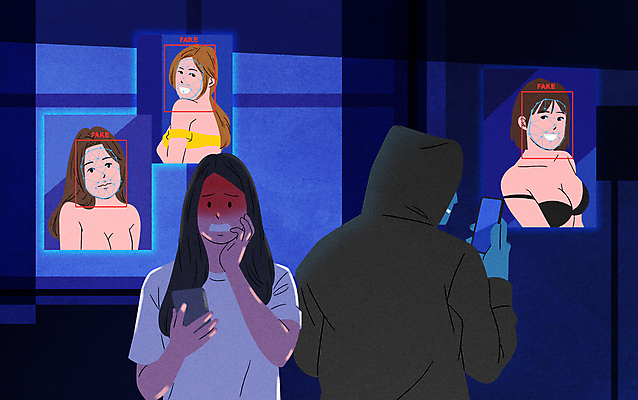 PSD 여자 남자 일러스트 여러명 상반신 성인 어둠 속임수 범죄 무서움 사회이슈 합성 보이스피싱 정보유출 성인만 딥페이크기술 국내일러스트 딥페이크범죄 감정 다수 컨셉 기술 사람 피싱 파일형식 유출