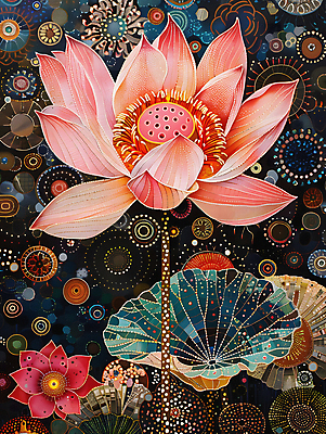 JPG 디자인 꽃잎 백그라운드 불교 일러스트 연꽃 사람없음 컬러풀 화려 디지털합성 연잎 개성 동양적 편집소스 디테일 국내일러스트 AI일러스트 AI콘텐츠 꽃 종교 컬러 컨셉 잎 파일형식