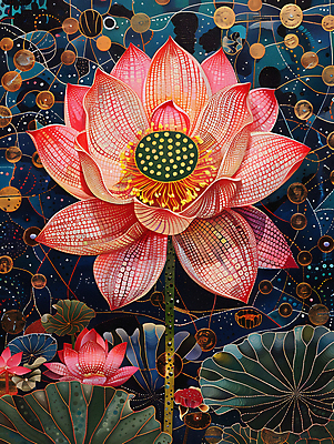 JPG 디자인 꽃잎 백그라운드 불교 일러스트 연꽃 사람없음 컬러풀 화려 디지털합성 연잎 개성 동양적 편집소스 디테일 국내일러스트 AI일러스트 AI콘텐츠 꽃 종교 컬러 컨셉 잎 파일형식