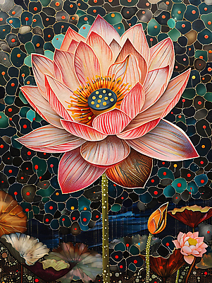 JPG 디자인 꽃잎 백그라운드 불교 일러스트 연꽃 사람없음 컬러풀 화려 디지털합성 연잎 개성 동양적 편집소스 디테일 국내일러스트 AI일러스트 AI콘텐츠 꽃 종교 컬러 컨셉 잎 파일형식