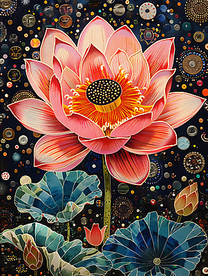 JPG 디자인 꽃잎 백그라운드 불교 일러스트 연꽃 사람없음 컬러풀 화려 디지털합성 연잎 개성 동양적 편집소스 디테일 국내일러스트 AI일러스트 AI콘텐츠 꽃 종교 컬러 컨셉 잎 파일형식