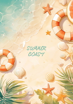PSD 편집이미지 포스터 물결 파도 물놀이 조개 불가사리 프레임 해변 사람없음 여름휴가 야자수 튜브 카피스페이스 이미지편집 나무 바다 놀이 휴가 어패류 극피동물 공백 파일형식 여름_계절