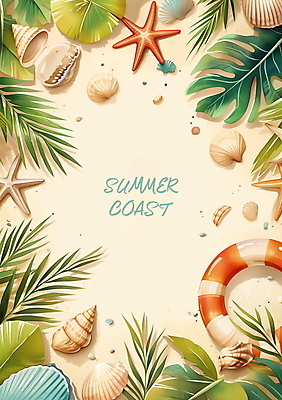 PSD 편집이미지 포스터 물결 파도 물놀이 조개 불가사리 프레임 해변 사람없음 여름휴가 야자수 돌_바위 튜브 몬스테라 카피스페이스 이미지편집 나무 식물 바다 놀이 휴가 어패류 극피동물 공백 파일형식 여름_계절