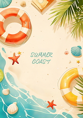 PSD 편집이미지 포스터 물결 파도 물놀이 조개 불가사리 프레임 해변 사람없음 여름휴가 야자수 튜브 카피스페이스 이미지편집 나무 바다 놀이 휴가 어패류 극피동물 공백 파일형식 여름_계절