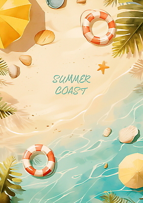 PSD 편집이미지 포스터 물결 파도 물놀이 조개 불가사리 프레임 해변 사람없음 여름휴가 야자수 파라솔 튜브 카피스페이스 이미지편집 나무 바다 놀이 휴가 어패류 극피동물 공백 파일형식 여름_계절