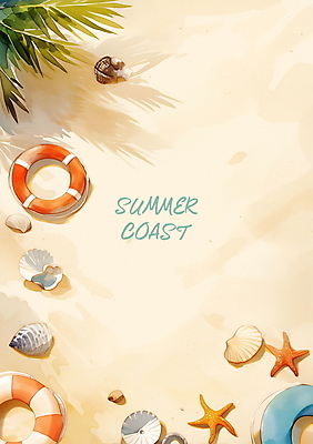 PSD 편집이미지 포스터 물놀이 조개 불가사리 프레임 해변 사람없음 여름휴가 야자수 튜브 카피스페이스 이미지편집 나무 바다 놀이 휴가 어패류 극피동물 공백 파일형식 여름_계절