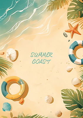 PSD 편집이미지 포스터 물결 파도 물놀이 조개 불가사리 프레임 해변 사람없음 여름휴가 야자수 돌_바위 튜브 몬스테라 카피스페이스 이미지편집 나무 식물 바다 놀이 휴가 어패류 극피동물 공백 파일형식 여름_계절