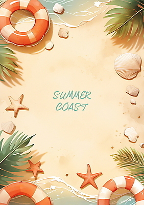 PSD 편집이미지 포스터 물결 파도 물놀이 조개 불가사리 프레임 해변 사람없음 여름휴가 야자수 튜브 카피스페이스 이미지편집 나무 바다 놀이 휴가 어패류 극피동물 공백 파일형식 여름_계절
