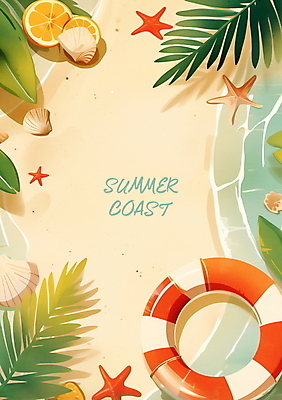 PSD 편집이미지 포스터 물결 파도 물놀이 조개 불가사리 프레임 해변 사람없음 여름휴가 야자수 튜브 카피스페이스 이미지편집 나무 바다 놀이 휴가 어패류 극피동물 공백 파일형식 여름_계절