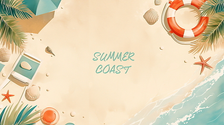 PSD 편집이미지 배너 물결 파도 물놀이 조개 불가사리 프레임 해변 사람없음 여름휴가 야자수 파라솔 튜브 카피스페이스 이미지편집 나무 바다 놀이 휴가 어패류 극피동물 공백 파일형식 여름_계절