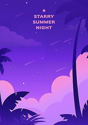 PSD 구름 야경 일러스트 자연 밤하늘 휴식 사람없음 여름휴가 보라색 별빛 여름밤 열대잎 국내일러스트 자연요소 별 컬러 컨셉 잎 하늘 휴가 여름 빛 야간 생태계 파일형식 여름_계절 풍경_경치