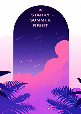 PSD 구름 야경 일러스트 창문 자연 밤하늘 휴식 프레임 사람없음 여름휴가 야자수 보라색 열대잎 국내일러스트 자연요소 나무 컬러 컨셉 잎 하늘 휴가 야간 생태계 파일형식 여름_계절 풍경_경치