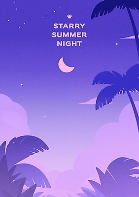 PSD 구름 야경 일러스트 자연 밤하늘 휴식 사람없음 여름휴가 보라색 초승달 열대잎 국내일러스트 자연요소 컬러 컨셉 잎 하늘 휴가 달 야간 생태계 파일형식 여름_계절 풍경_경치