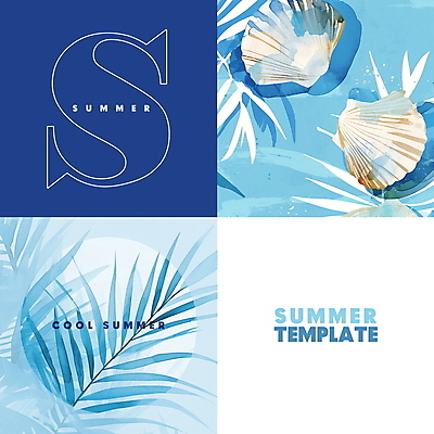PSD 템플릿 조개 나뭇잎 열대 수채화 사람없음 여름 파란색 세일 조개껍데기 시원함 시물 열대잎 트로피컬아트 이미지템플릿 계절 컬러 잎 어패류 그림 파일형식