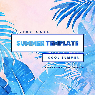PSD 템플릿 분홍색 나뭇잎 열대 수채화 사람없음 여름 파란색 세일 질감 열대잎 트로피컬아트 이미지템플릿 계절 컬러 잎 그림 파일형식