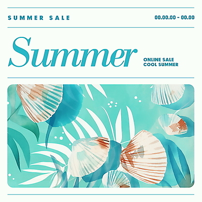 PSD 템플릿 조개 수채화 그림자 사람없음 여름 세일 조개껍데기 시원함 질감 청록색 열대잎 이미지템플릿 계절 컬러 잎 어패류 파일형식