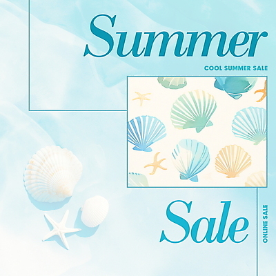 PSD 템플릿 하늘색 패턴 조개 수채화 불가사리 사람없음 여름 세일 조개껍데기 시원함 질감 이미지템플릿 계절 무늬 어패류 극피동물 파란색 파일형식