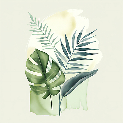JPG 일러스트 자연 나뭇잎 열대 수채화 미술 사람없음 초록색 여름 질감 트로피컬아트 국내일러스트 AI일러스트 AI콘텐츠 계절 컬러 잎 문화예술 그림 생태계 파일형식