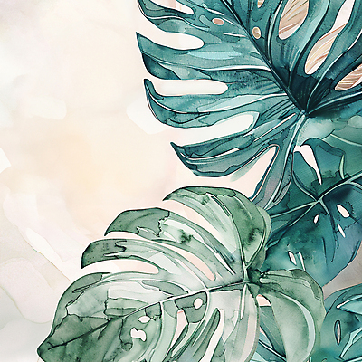 JPG 일러스트 자연 나뭇잎 열대 수채화 미술 사람없음 초록색 여름 질감 몬스테라 카피스페이스 트로피컬아트 국내일러스트 AI일러스트 AI콘텐츠 식물 계절 컬러 잎 문화예술 공백 그림 생태계 파일형식