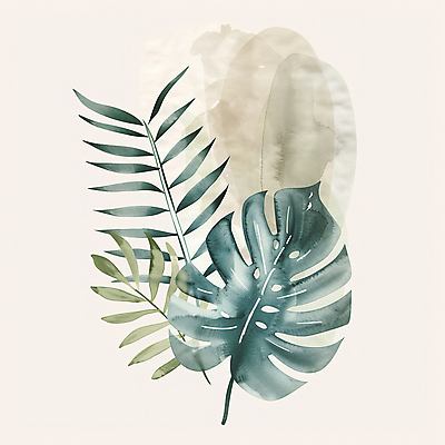 JPG 일러스트 자연 나뭇잎 열대 수채화 미술 사람없음 초록색 여름 질감 트로피컬아트 국내일러스트 AI일러스트 AI콘텐츠 계절 컬러 잎 문화예술 그림 생태계 파일형식