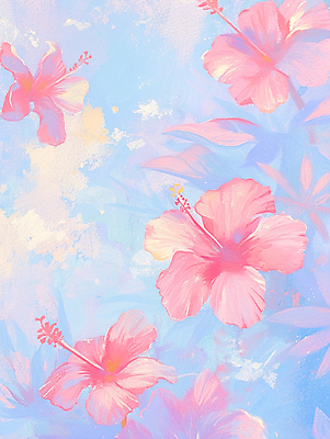 JPG 분홍색 잎 일러스트 붓터치 열대 사람없음 여름 파란색 물감 혼합 질감 열대꽃 파스텔톤 몽환 카피스페이스 트로피컬아트 국내일러스트 AI일러스트 AI콘텐츠 식물 계절 꽃 컬러 컨셉 공백 미술도구 그림 파일형식