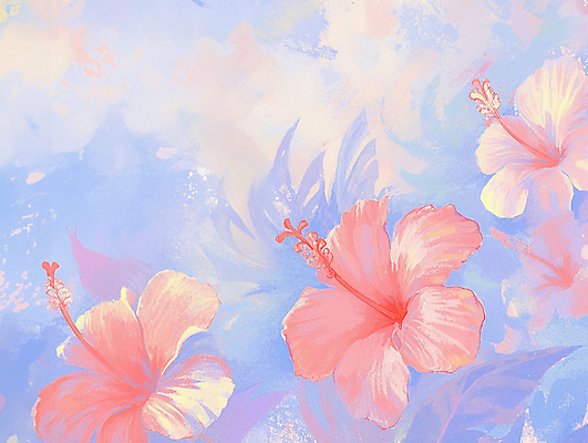 JPG 분홍색 잎 일러스트 붓터치 열대 사람없음 여름 파란색 물감 혼합 질감 열대꽃 파스텔톤 몽환 카피스페이스 트로피컬아트 국내일러스트 AI일러스트 AI콘텐츠 식물 계절 꽃 컬러 컨셉 공백 미술도구 그림 파일형식