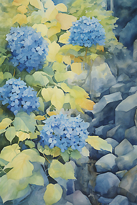 JPG 포스터 백그라운드 잎 일러스트 자연 붓터치 수채화 풍경 사람없음 파란색 바위 숲 질감 산수국 국내일러스트 AI일러스트 AI콘텐츠 식물 꽃 컬러 돌_바위 생태계 파일형식