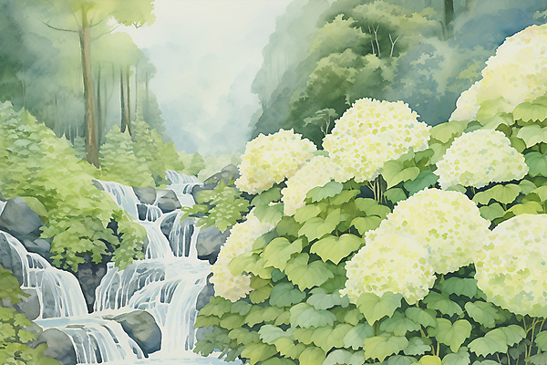 JPG 나무 포스터 백그라운드 잎 일러스트 자연 붓터치 수채화 풍경 사람없음 초록색 계곡 바위 숲 질감 산수국 국내일러스트 AI일러스트 AI콘텐츠 식물 꽃 컬러 돌_바위 생태계 파일형식