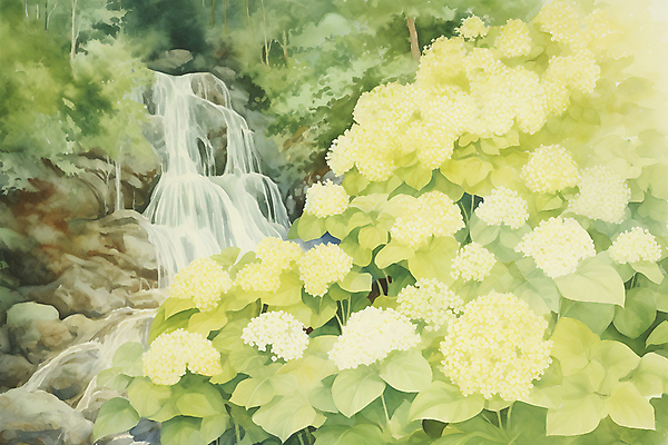 JPG 나무 포스터 백그라운드 잎 일러스트 자연 붓터치 수채화 풍경 사람없음 초록색 계곡 바위 숲 질감 산수국 국내일러스트 AI일러스트 AI콘텐츠 식물 꽃 컬러 돌_바위 생태계 파일형식