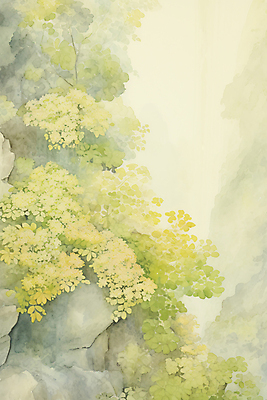 JPG 나무 포스터 백그라운드 잎 일러스트 자연 붓터치 수채화 풍경 사람없음 초록색 계곡 바위 숲 질감 산수국 국내일러스트 AI일러스트 AI콘텐츠 식물 꽃 컬러 돌_바위 생태계 파일형식