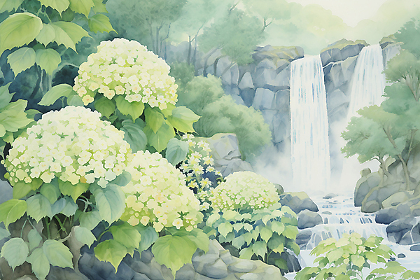 JPG 나무 포스터 백그라운드 잎 일러스트 자연 붓터치 수채화 풍경 사람없음 초록색 계곡 바위 숲 질감 산수국 국내일러스트 AI일러스트 AI콘텐츠 식물 꽃 컬러 돌_바위 생태계 파일형식