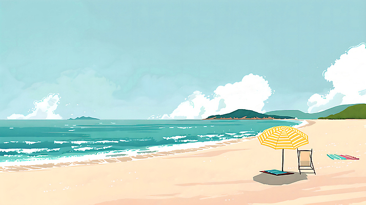 PSD 구름 파도 섬 백그라운드 일러스트 자연 하늘 산 그림자 풍경 해변 사람없음 여름 파란색 모래사장 파라솔 해수욕장 선베드 비치타올 국내일러스트 자연요소 계절 바다 컬러 의자 수건 생태계 파일형식