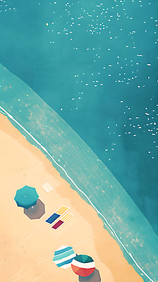 PSD 백그라운드 일러스트 자연 그림자 풍경 해변 사람없음 여름 파란색 모래사장 파라솔 해수욕장 비치타올 윤슬 국내일러스트 계절 물결 바다 컬러 수건 생태계 파일형식