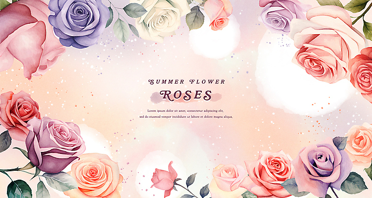 PSD 꽃잎 분홍색 백그라운드 잎 일러스트 여름꽃 수채화 프레임 사람없음 여름 장미 국내일러스트 식물 계절 꽃 컬러 파일형식 여름_계절