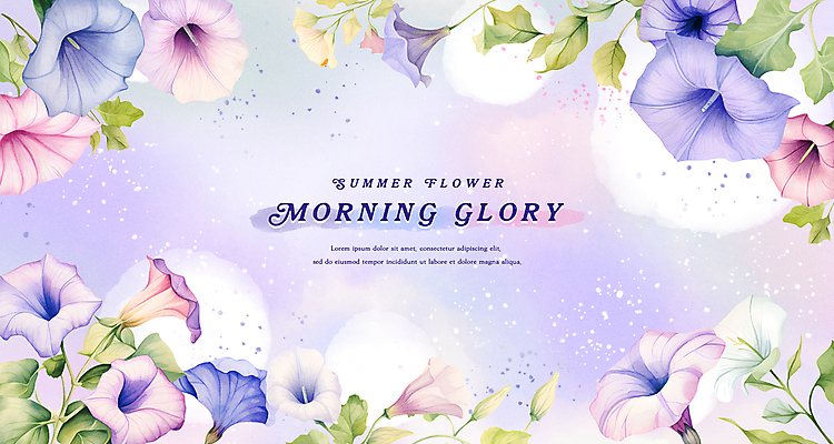 PSD 꽃잎 백그라운드 잎 일러스트 여름꽃 수채화 프레임 사람없음 여름 보라색 나팔꽃 국내일러스트 식물 계절 꽃 컬러 파일형식 여름_계절