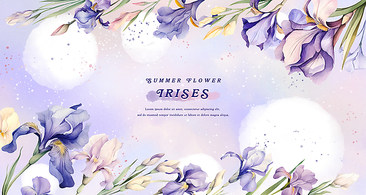 PSD 꽃잎 백그라운드 잎 일러스트 여름꽃 수채화 프레임 사람없음 여름 보라색 붓꽃 국내일러스트 식물 계절 꽃 컬러 파일형식 여름_계절