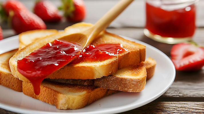 JPG 편집이미지 접시 딸기 단면 유리병 사람없음 쌓기 달콤 식빵 토스트 딸기잼 나무스푼 편집실사 AI포토 AI콘텐츠 식기 빵 과일 모션 병_용기 맛 잼 CG 나무숟가락 파일형식